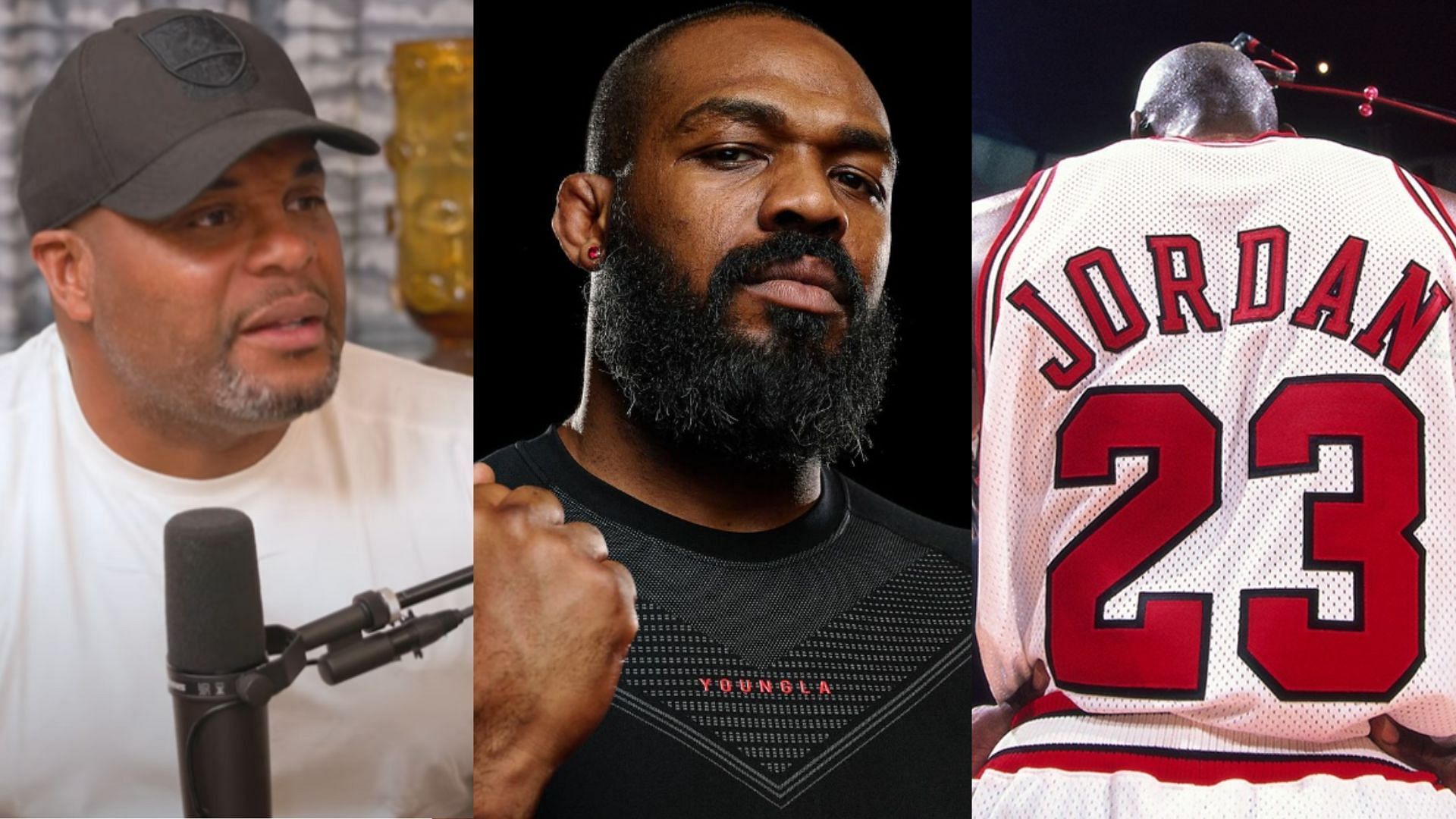 Daniel Cormier (left) nearly storms off a podcast after Jon Jones (center) and Michael Jordan (right) comparison [Images courtesy of Pound 4 Pound on YouTube, @jonnybones &amp; @jumpman23 on Instagram]