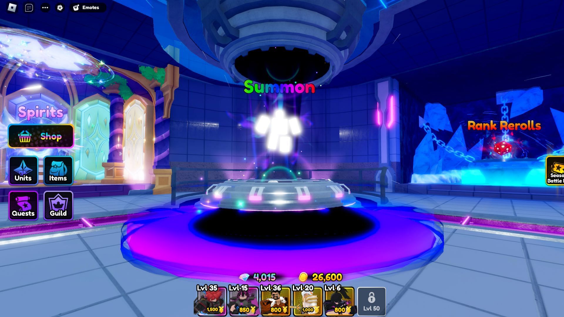 You can summon the Mythical Units like regular ones from the portal in Anime Defenders (Image via Roblox)