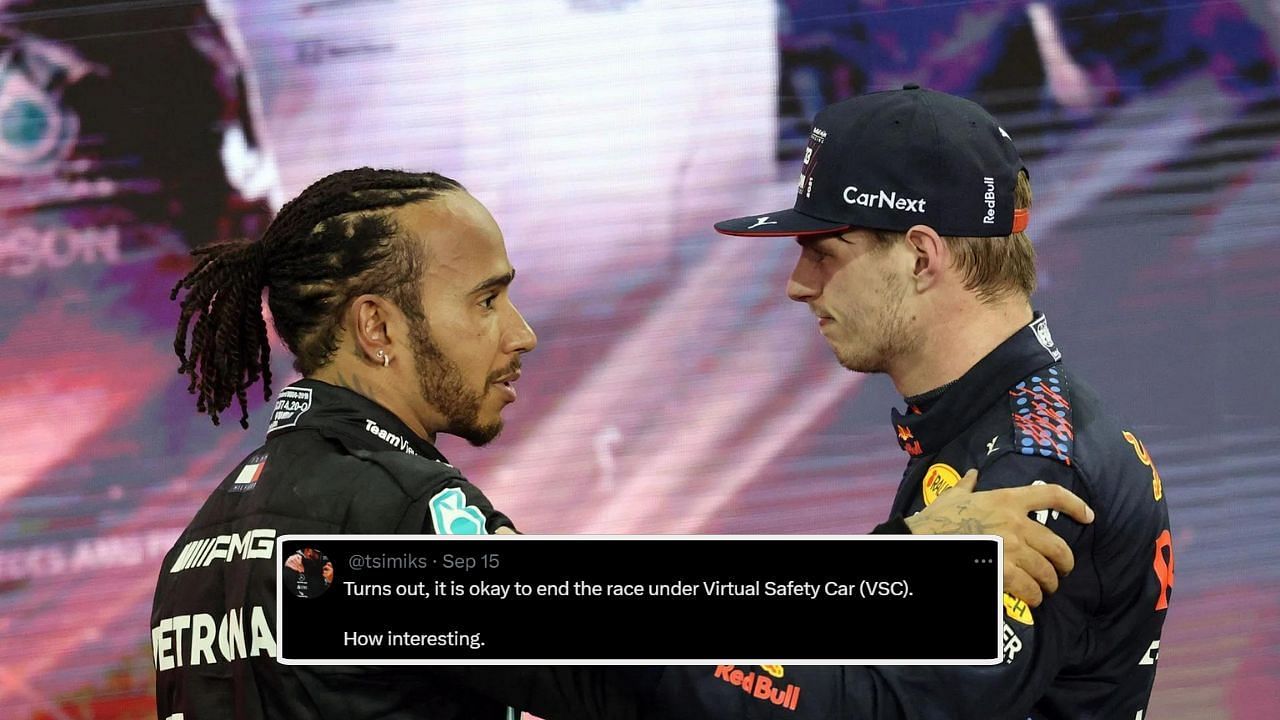 Lewis Hamilton and Max Verstappen during 2021 Abu Dhabi grand Prix. Credit: Getty Images. Fan reaction by (x.com/tsimiks)