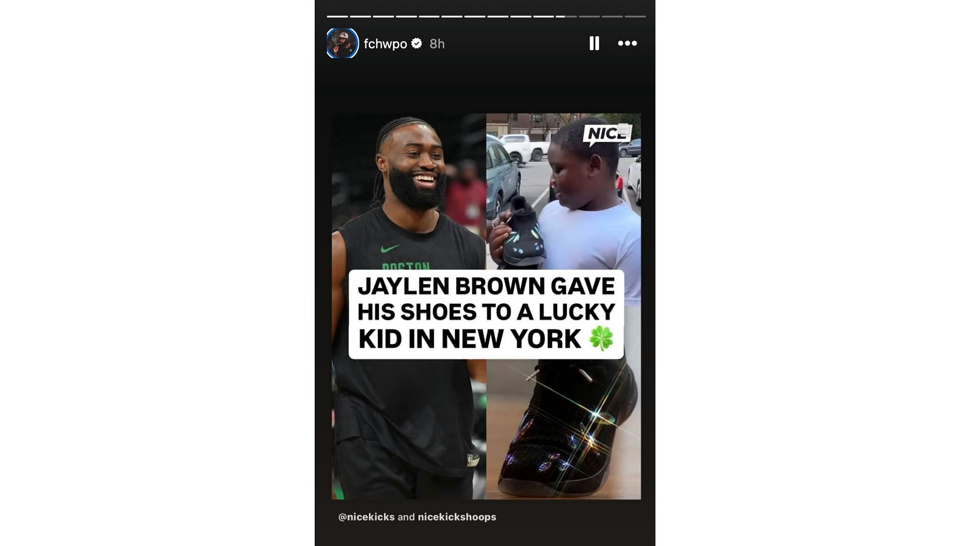 Brown gifts a pair of shoes to a young fan and Rucker Park. Photo Credit: IG account of Jaylen Brown.