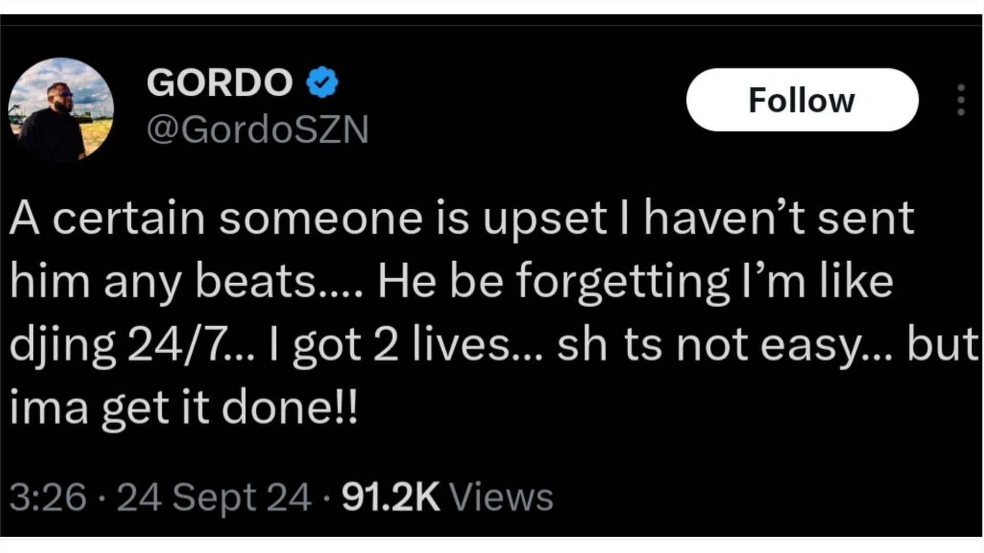 The tweet made by Gordo (Image via @GordoSZN/X)