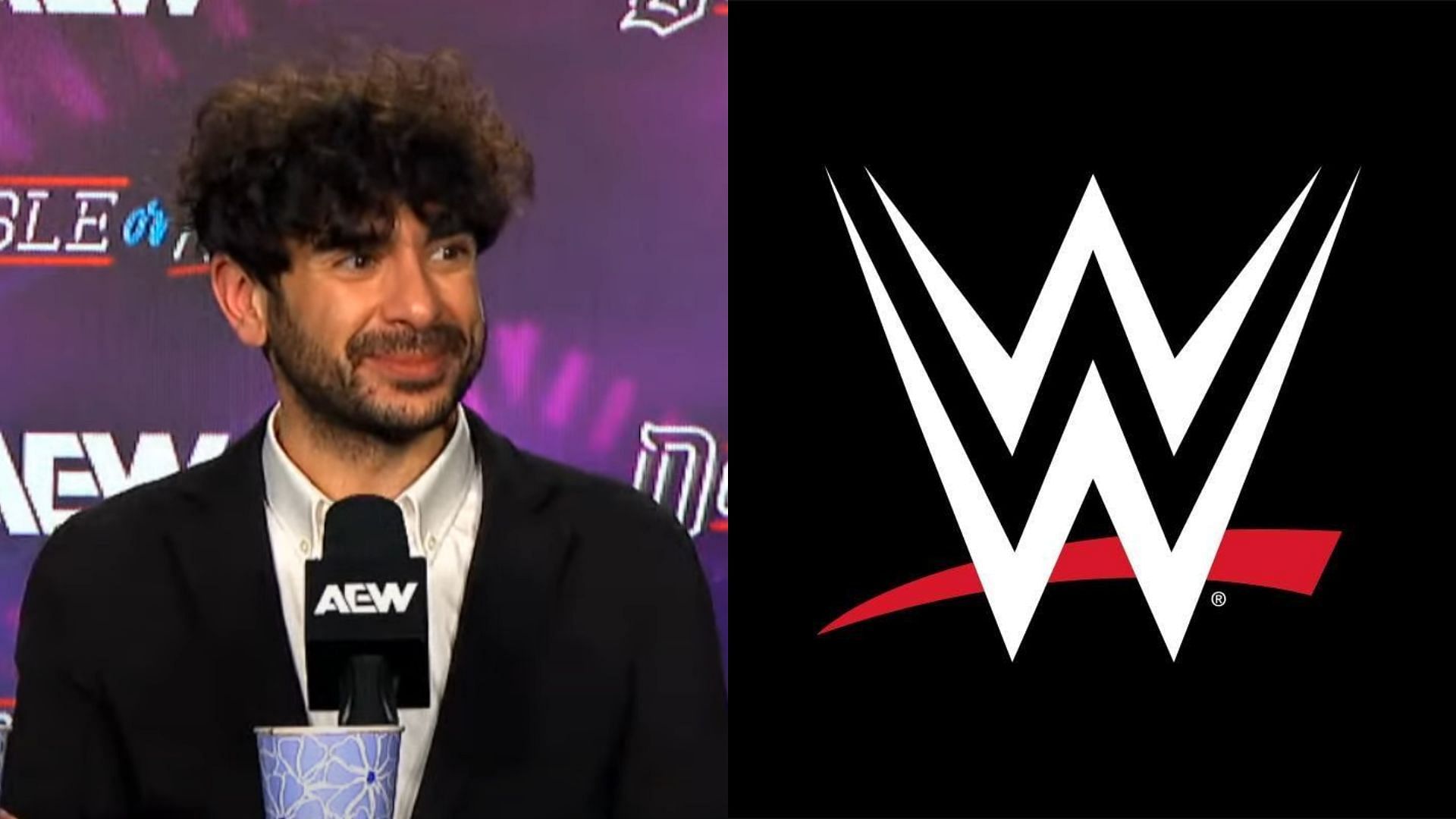 Tony Khan (left) and WWE logo (right). (Image credits: AEW YouTube channel &amp; WWE Facebook page)