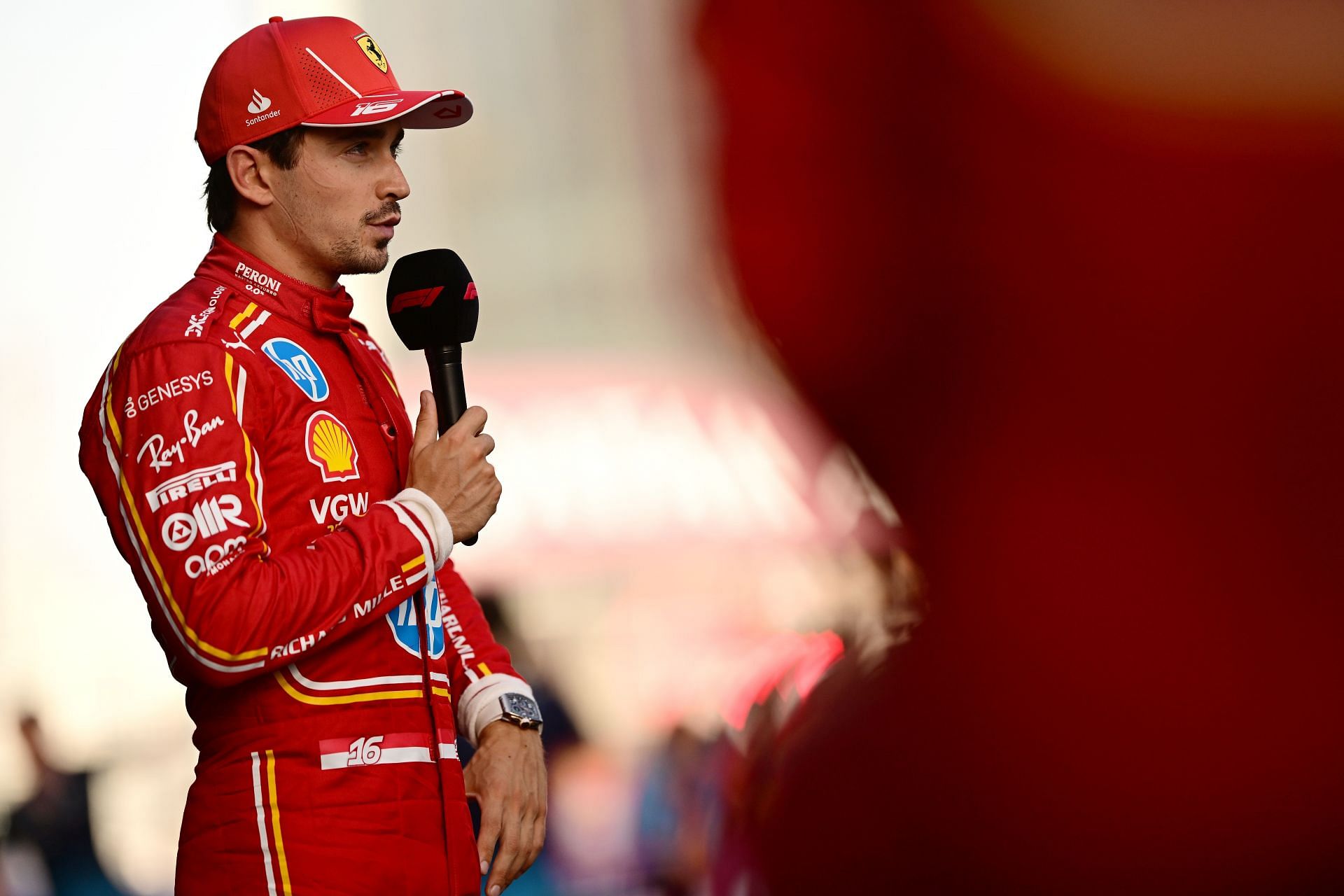 Pole position qualifier Charles Leclerc of Monaco and Ferrari is interviewed in parc ferme. Source: Getty Images