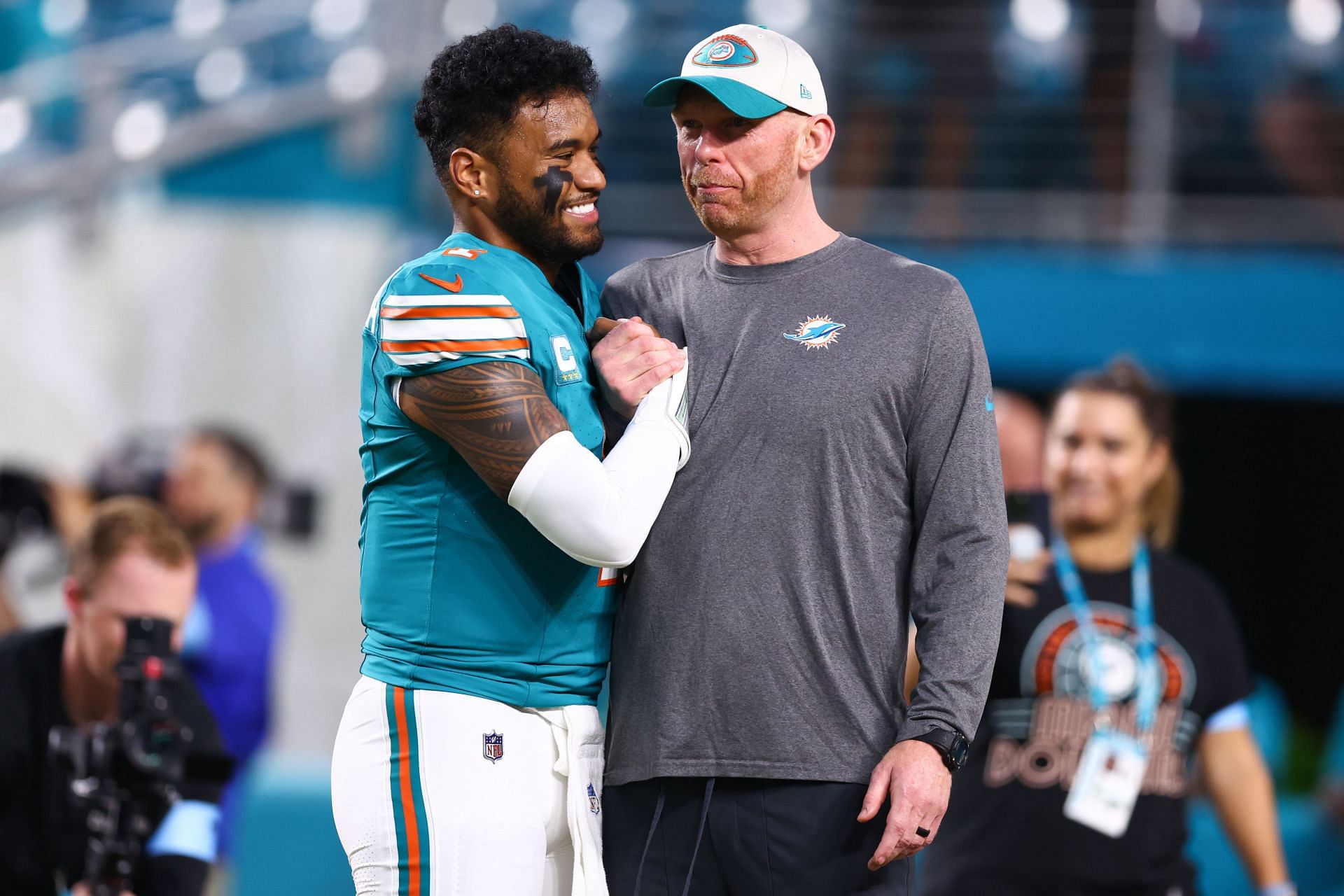 Tua Tagovailoa, left, during Buffalo Bills v Miami Dolphins - Source: Getty