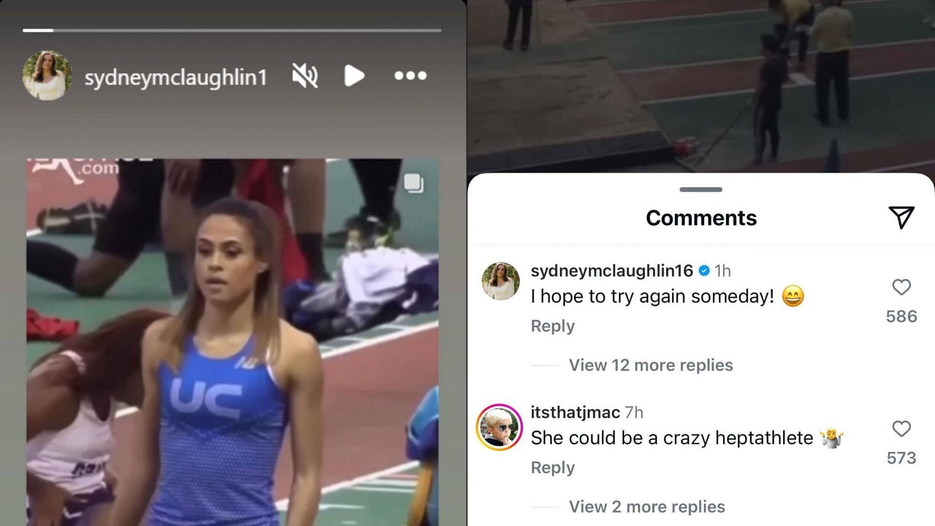 Screenshots of Sydney McLaughlin-Levrone&#039;s long jump and her comments [Source: Sydney McLaughlin&#039;s Instagram]