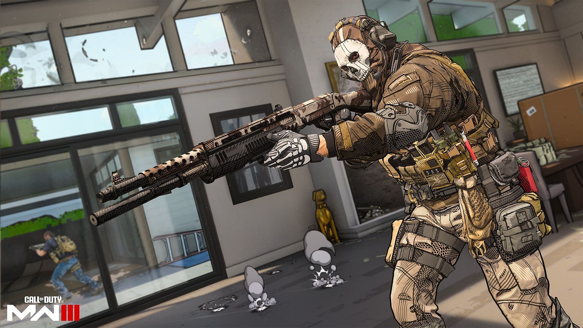 An Operator in MW3 Season 5 aiming down the sights of a Reclaimer 18 Shotgun