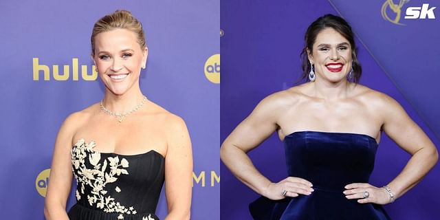 Reese Witherspoon admires Paris Olympics medalist Ilona Maher during Emmy Awards red carpet. (Images by Getty)