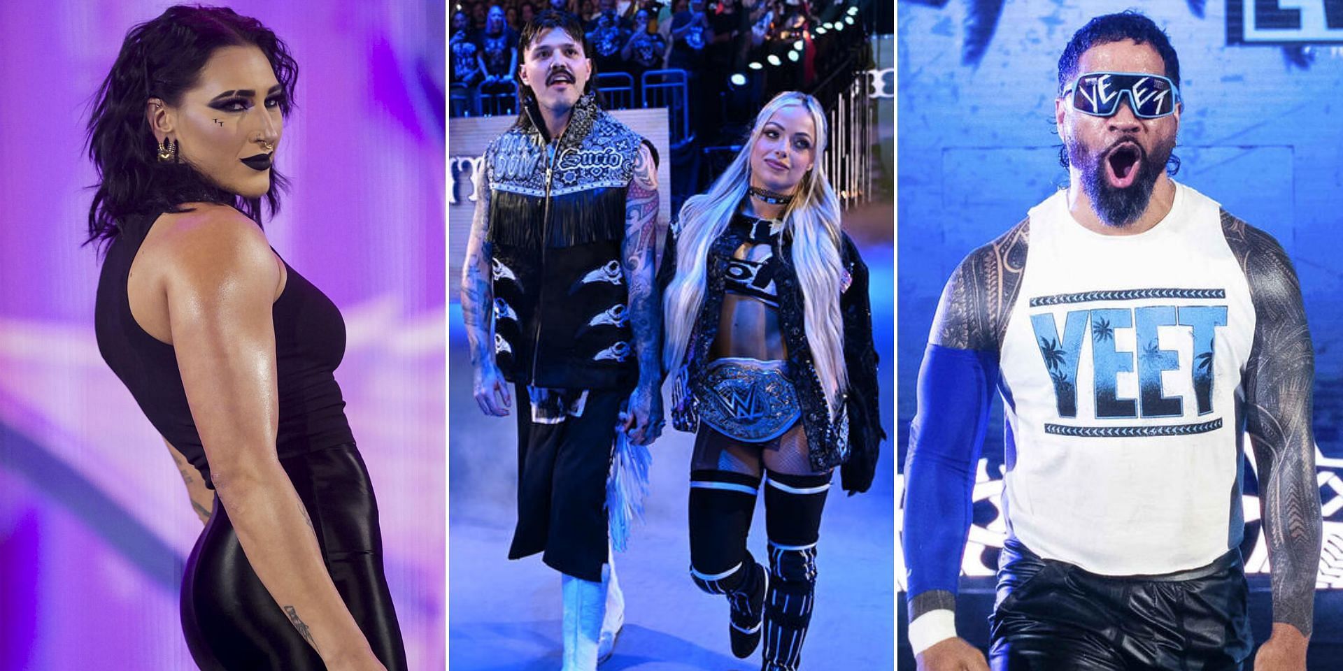 WWE Superstars Rhea Ripley, Dominik Mysterio, Liv Morgan and Jey Uso (Images via WWE.com)