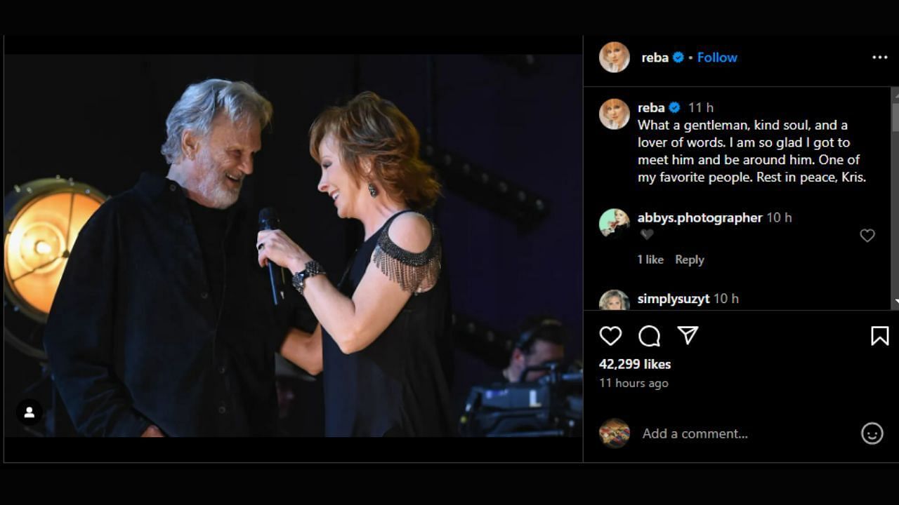 Reba McEntire mourns Kris Kristofferson&#039;s death (image via Instagram/ @reba)