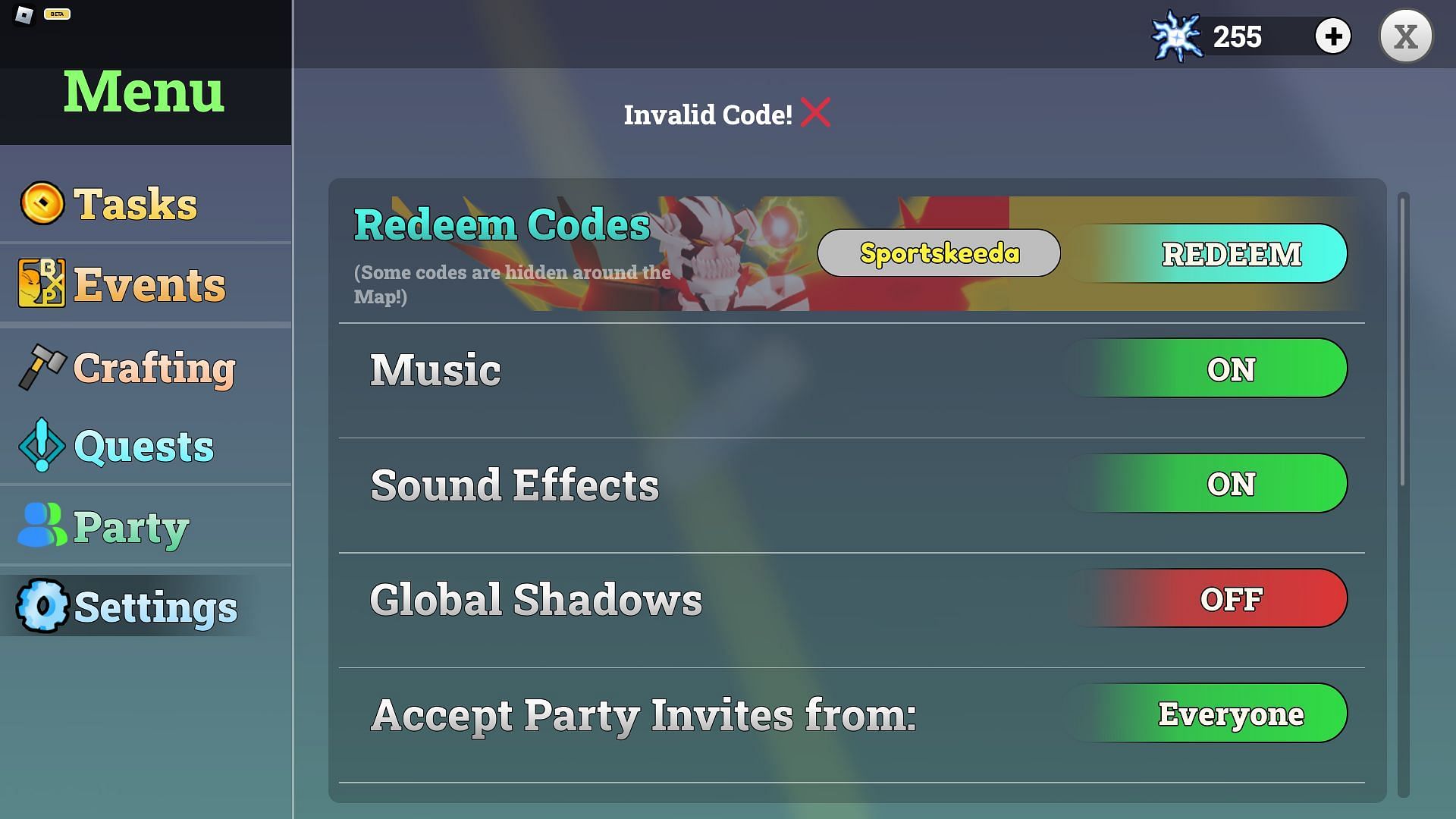 Troubleshoot codes in Lost Souls (Image via Roblox)