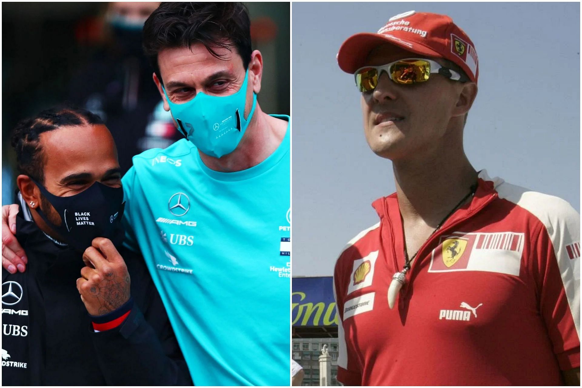 Lewis Hamilton (L), Toto Wolff (C) and Michael Schumacher (R) (Images via Getty)