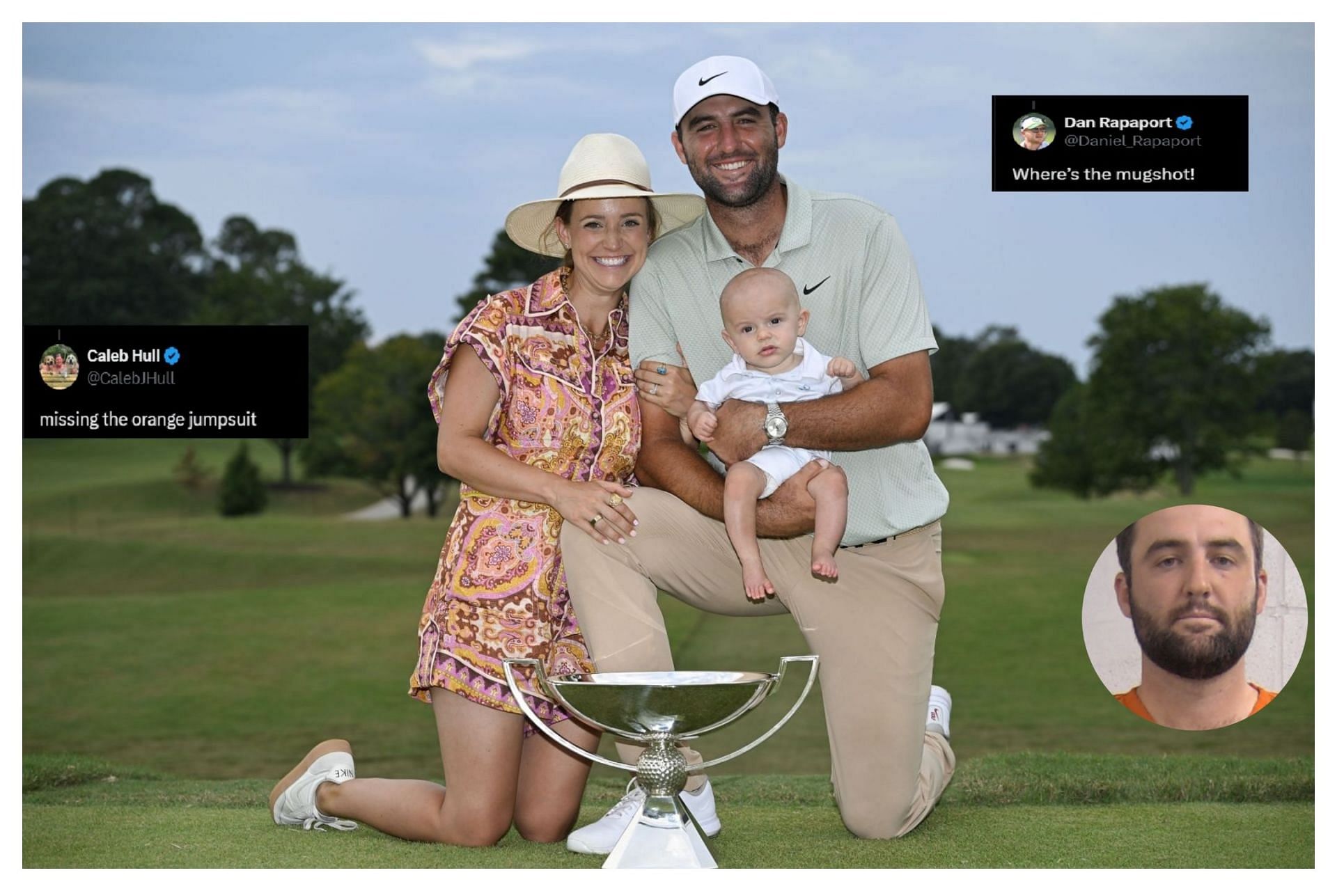 Scottie Scheffler poses with his wife and son after winning the Tour Championship (Image via getty)