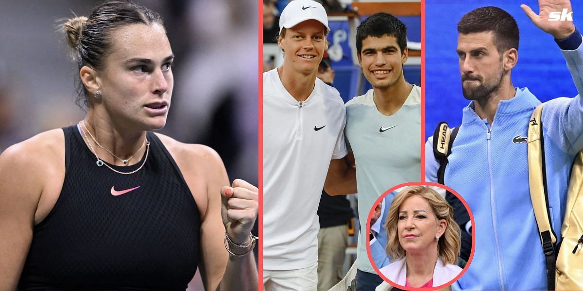 Chris Evert (inset), Aryna Sabalenka (L), Jannik Sinner and Carlos Alcaraz (center), Novak Djokovic (R) - Image Source: Getty