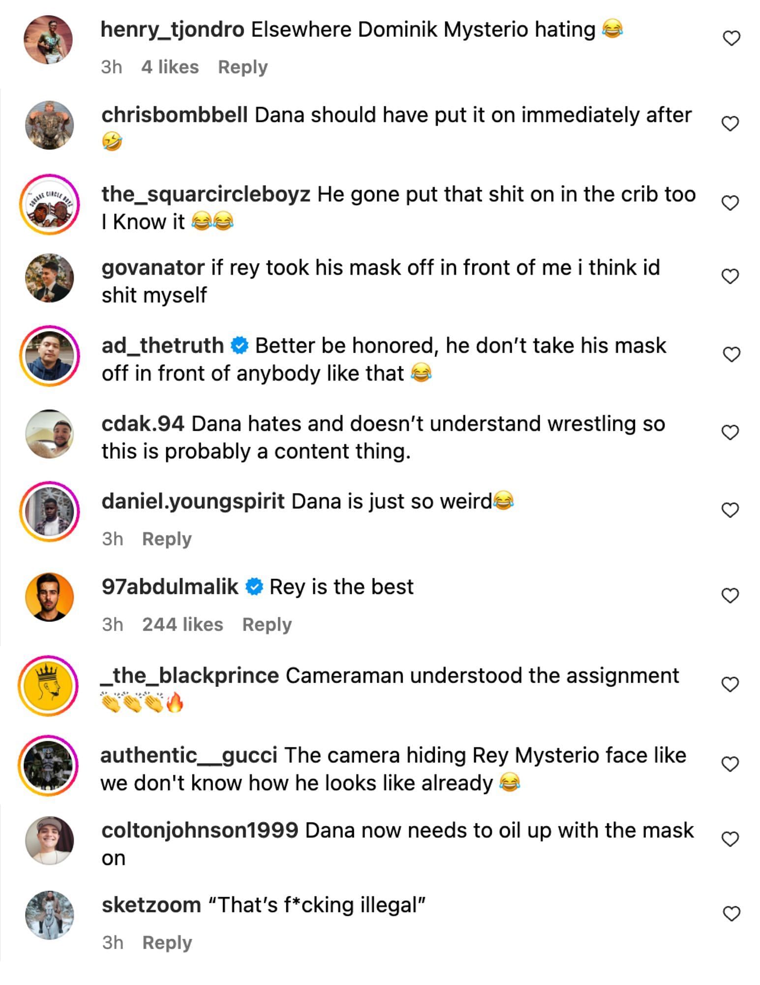 Fans reacting to Dana White meeting Rey Mysterio. [via @tkogrp on Instagram]