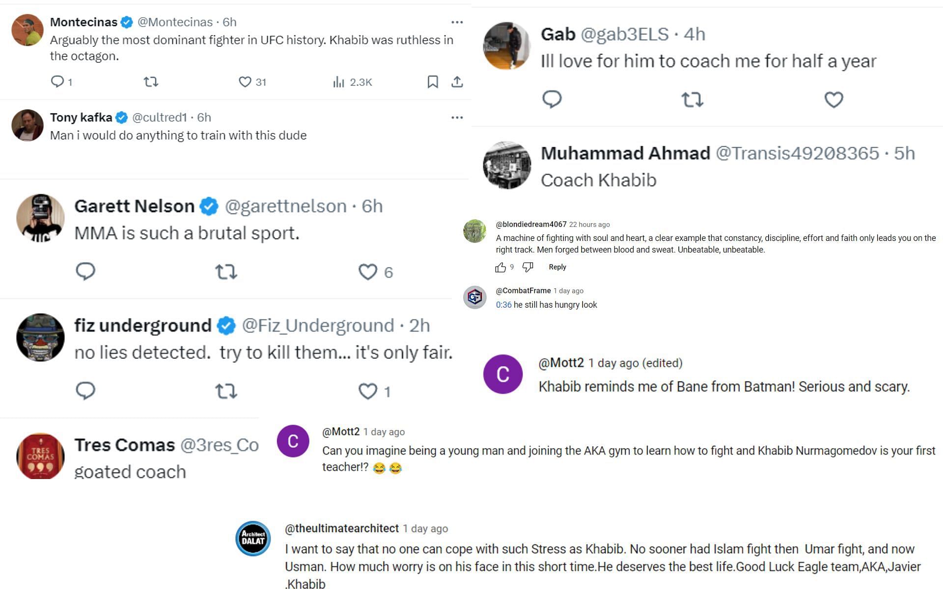 Fans react to Khabib Nurmagomedov's coaching video. [Images courtesy: @ChampRDS on X and Khabib Nurmagomedov on YouTube]