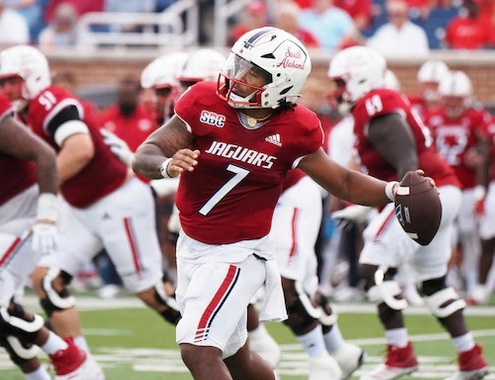 South Alabama quarterback Gio Lopez launches a pass against North Texas in the first half of a NCAA football game Saturday, August 31, 2024, at Hancock Whitney Stadium in Mobile, Ala. (Mike Kittrell/AL.com) Mike Kittrell/AL.com