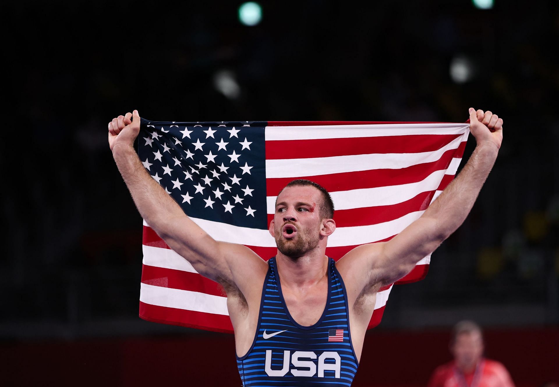 David Taylor of the USA celebrates after winning the gold medal bout in men&#039;s freestyle wrestling [86kg.] at the Tokyo Olympics [Image Source: Getty]