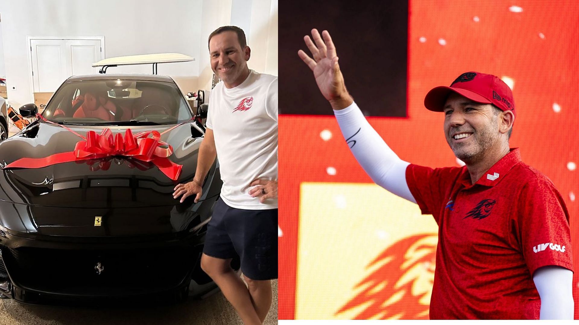 Sergio Garcia with his Ferrari Purosangue (Images via Getty and @thesergiogarcia/Instagram)