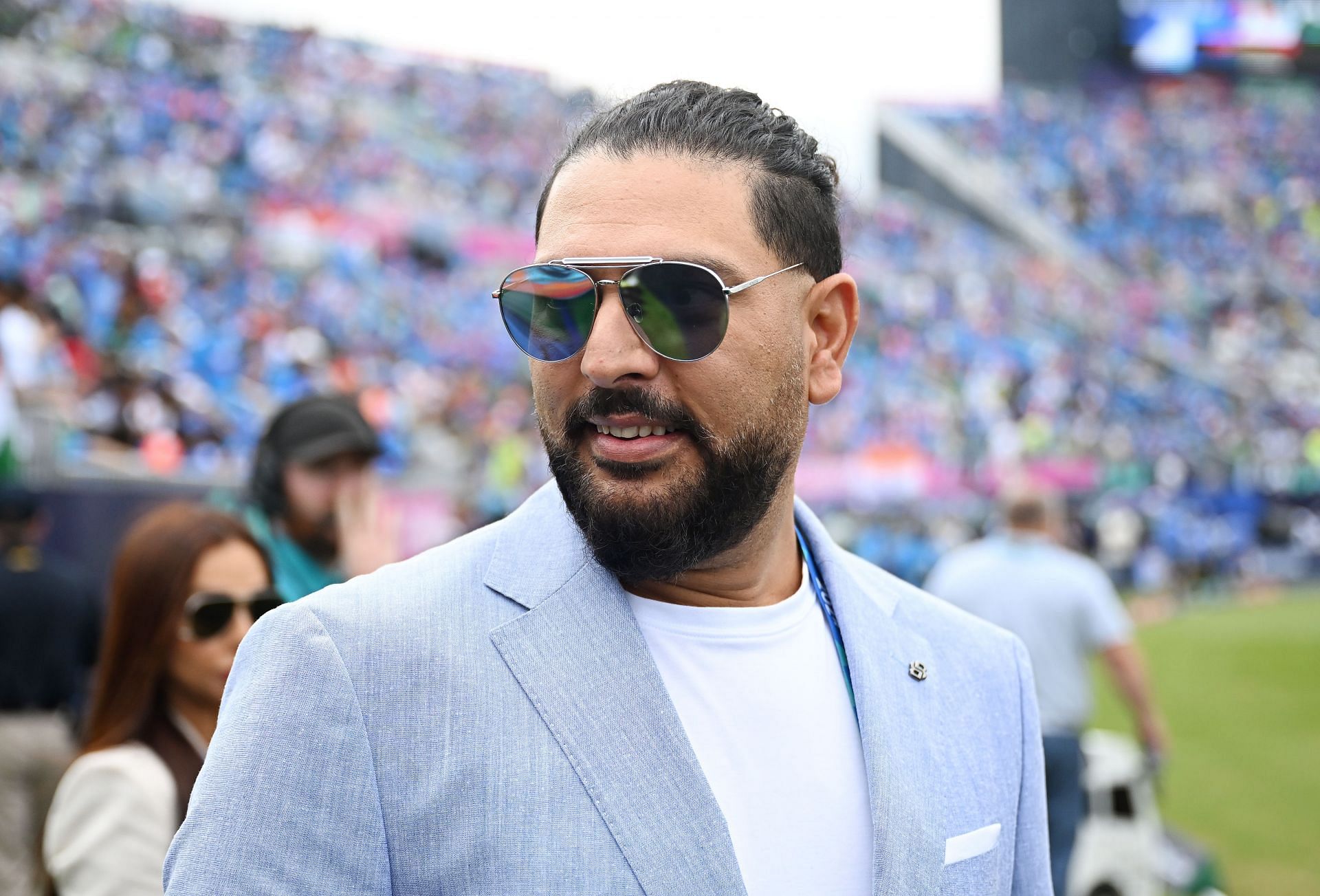 .Yuvraj Singh looks on during the ICC Men's T20 Cricket World Cup West Indies & USA 2024 match between India and Pakistan.