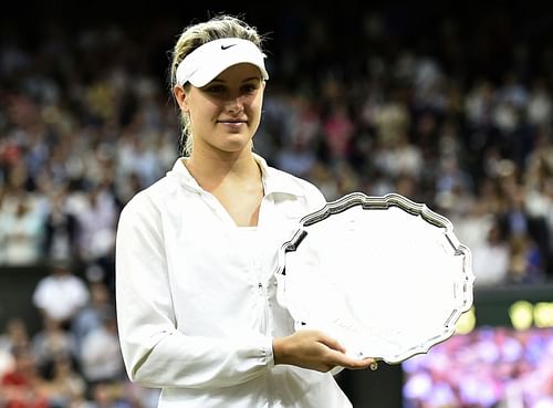 Eugenie Bouchard with the 2014 Wimbledon runner-up trophy (Source: Getty)