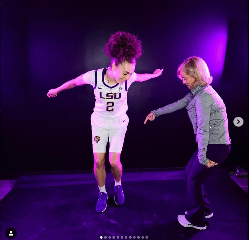 Kim Mulkey and Grace Knox dancing during Knox&#039;s official LSU visit (Screenshot via @on3way_gracee/IG)