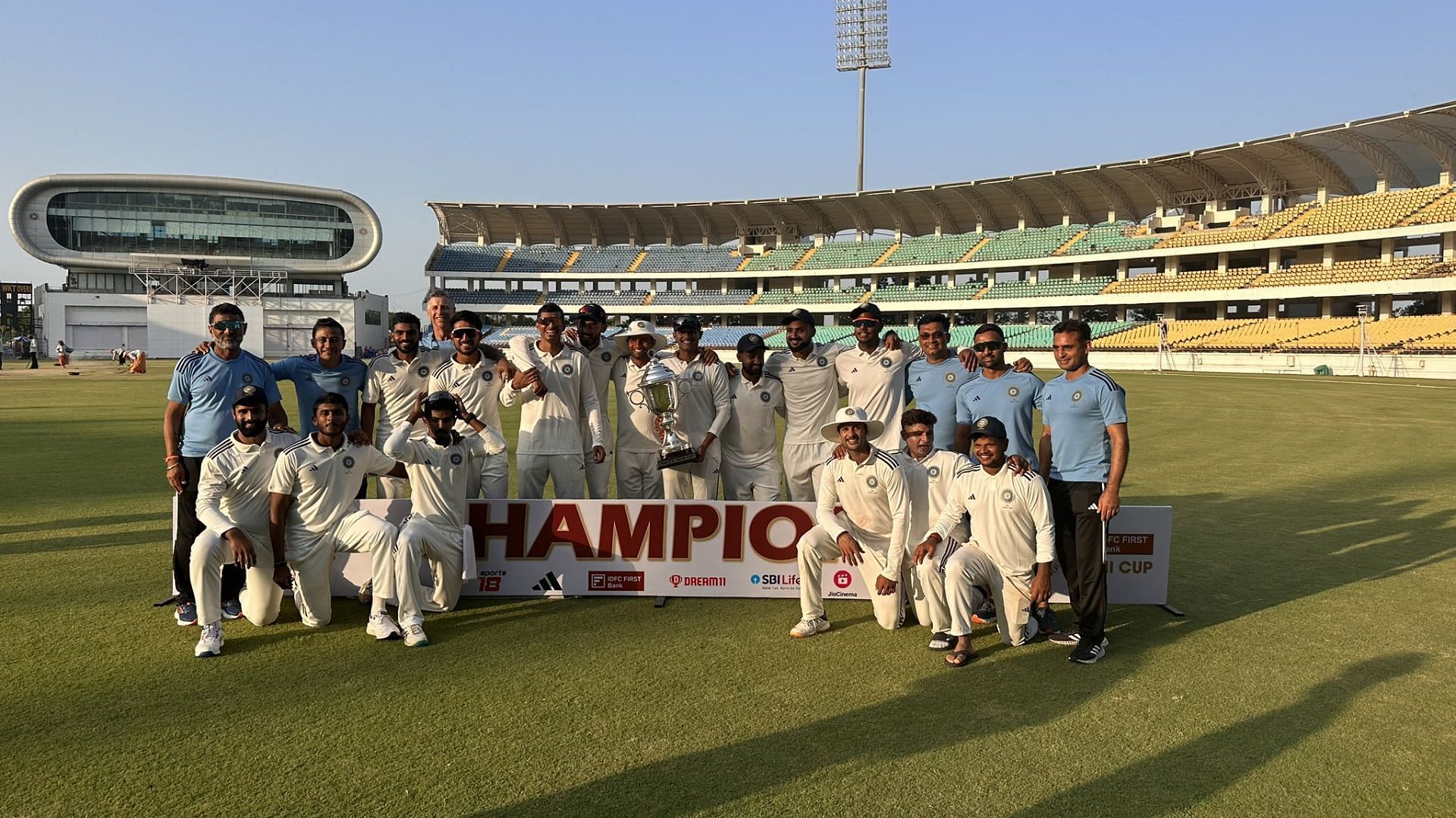 Rest of India (ROI) won the Irani Cup beating Saurashtra in the 2023 final (Image Credits: Mayank Agarwal/X)