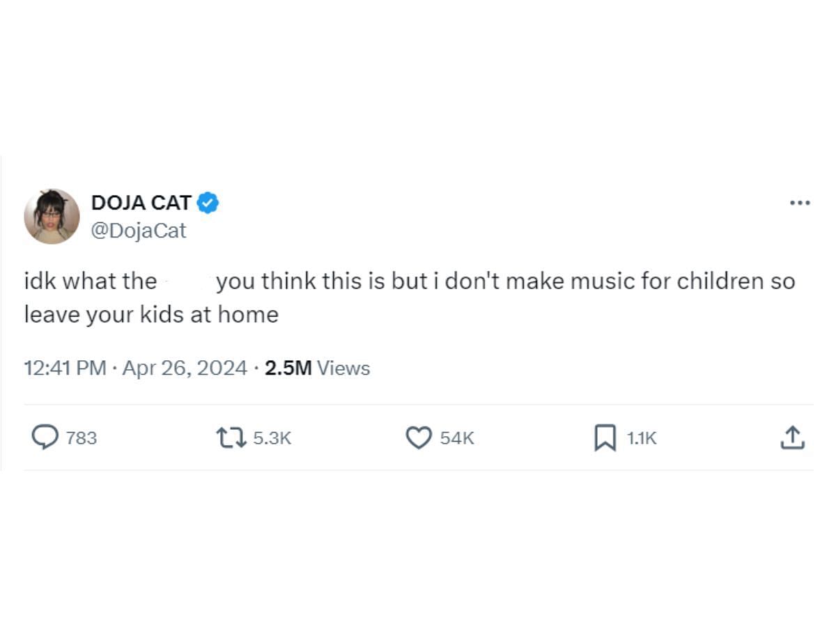 Doja&#039;s tweet informing fans she doesn&#039;t make songs for children (Image via X/@DojaCat)