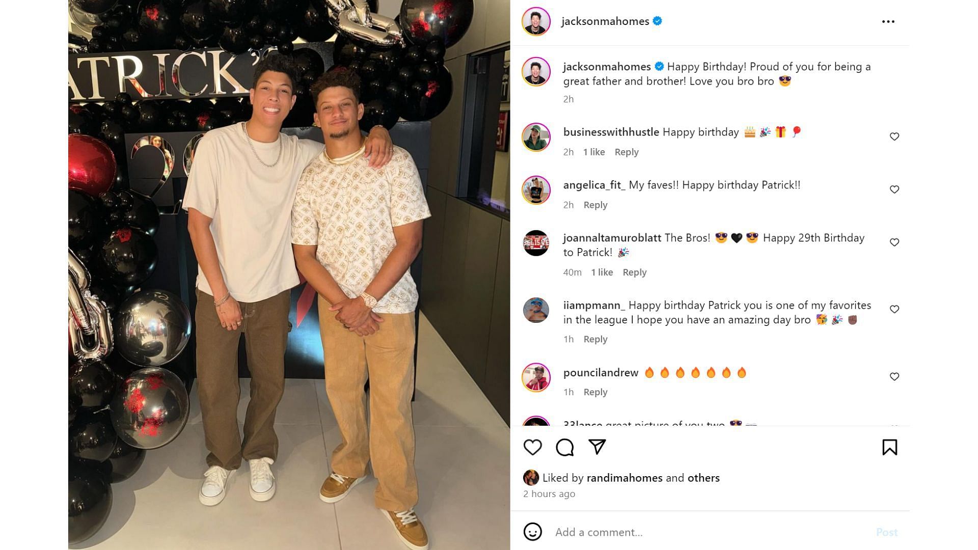 Patrick Mahomes' younger brother Jackson wishes the QB a happy 29th birthday [Image credit: @jacksonmahomes IG]