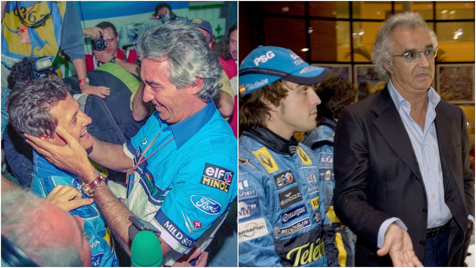 Flavio Briatore with Michael Schumacher (L), and Fernando Alonso (R) (Images via Getty)