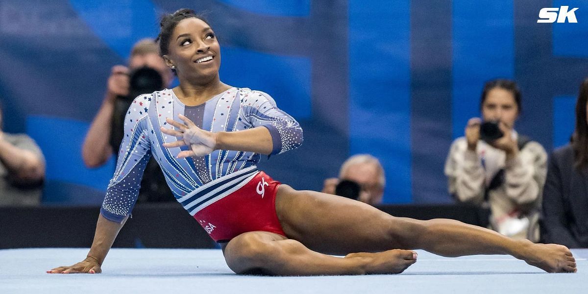 Simone Biles reacts after floor at the 2024 U.S.Olympic Team Gymnastics Trials at Target Center in Minneapolis, Minnesota. (Image Source: Getty)