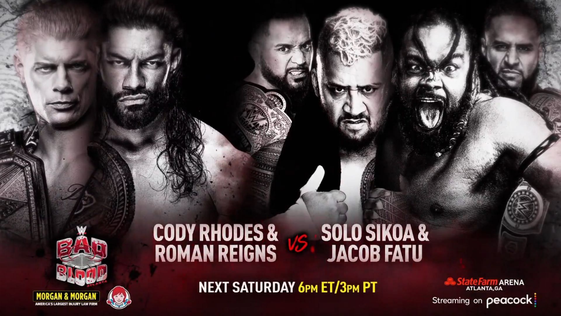 Cody Rhodes and Roman Reigns team up to combat Solo Sikoa and Jacob Fatu at Bad Blood. (Image Credit: WWE on X)