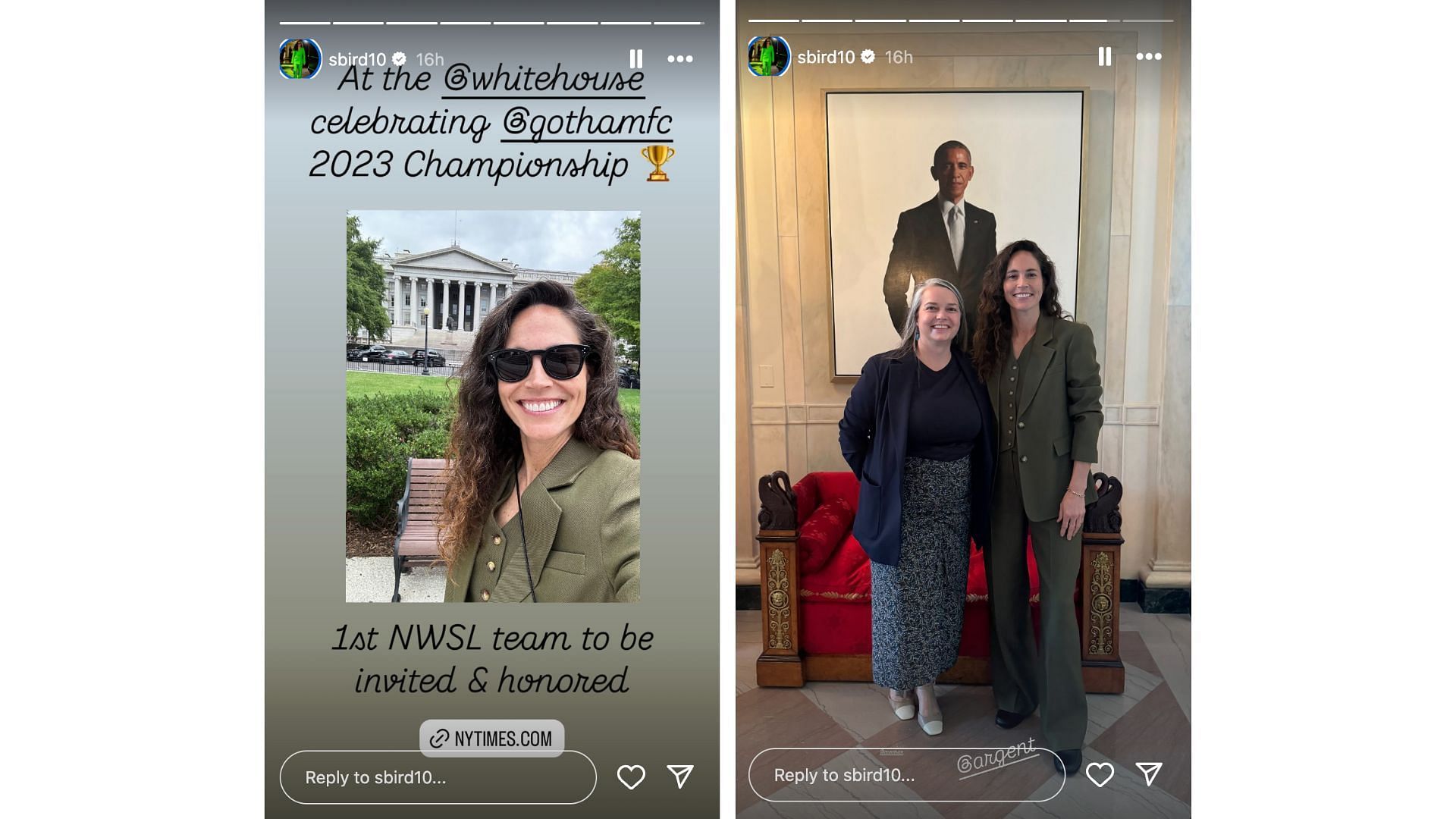 S. Bird poses in an olive green suit during her visit to the White House in Washington, D.C. Photo Credit: Sue Bird&#039;s IG account