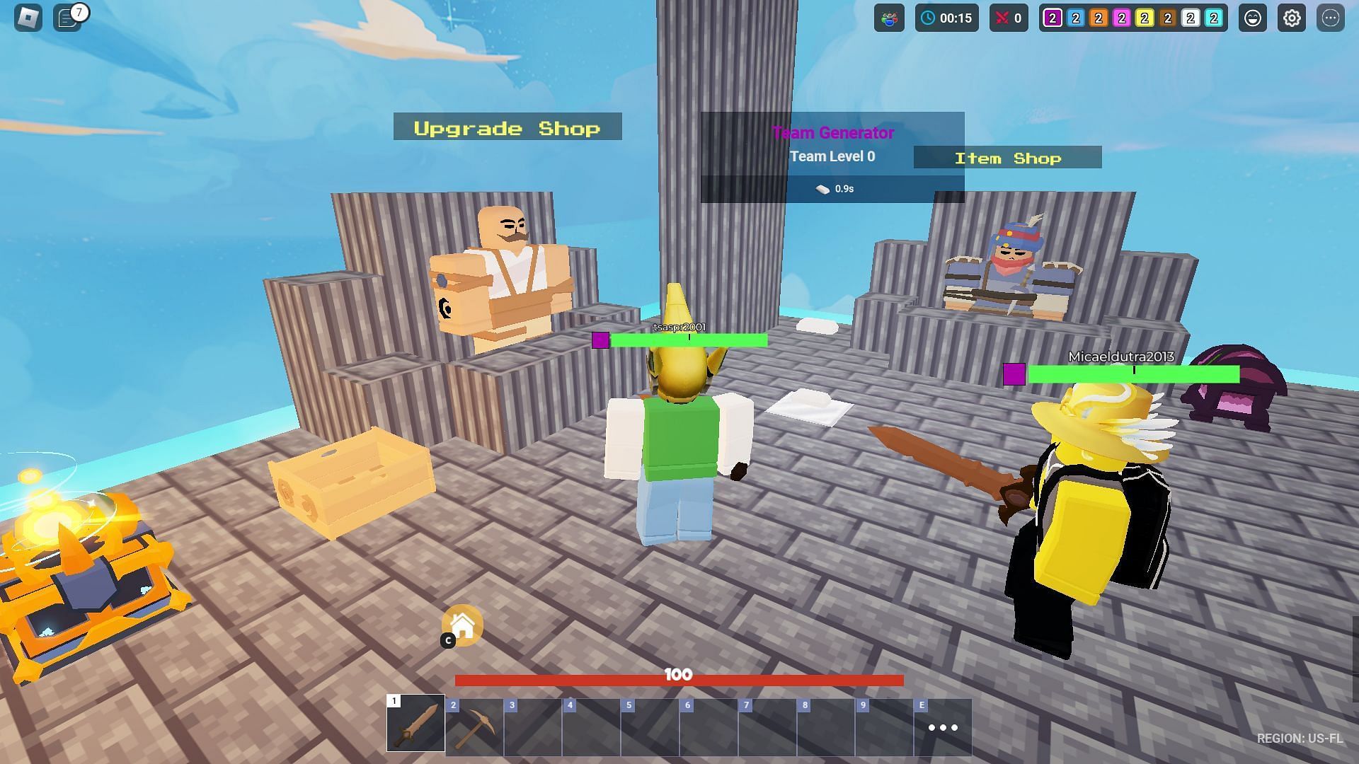 Purchase new items and upgrades using Iron, Diamond, and Emerald (Image via Roblox)