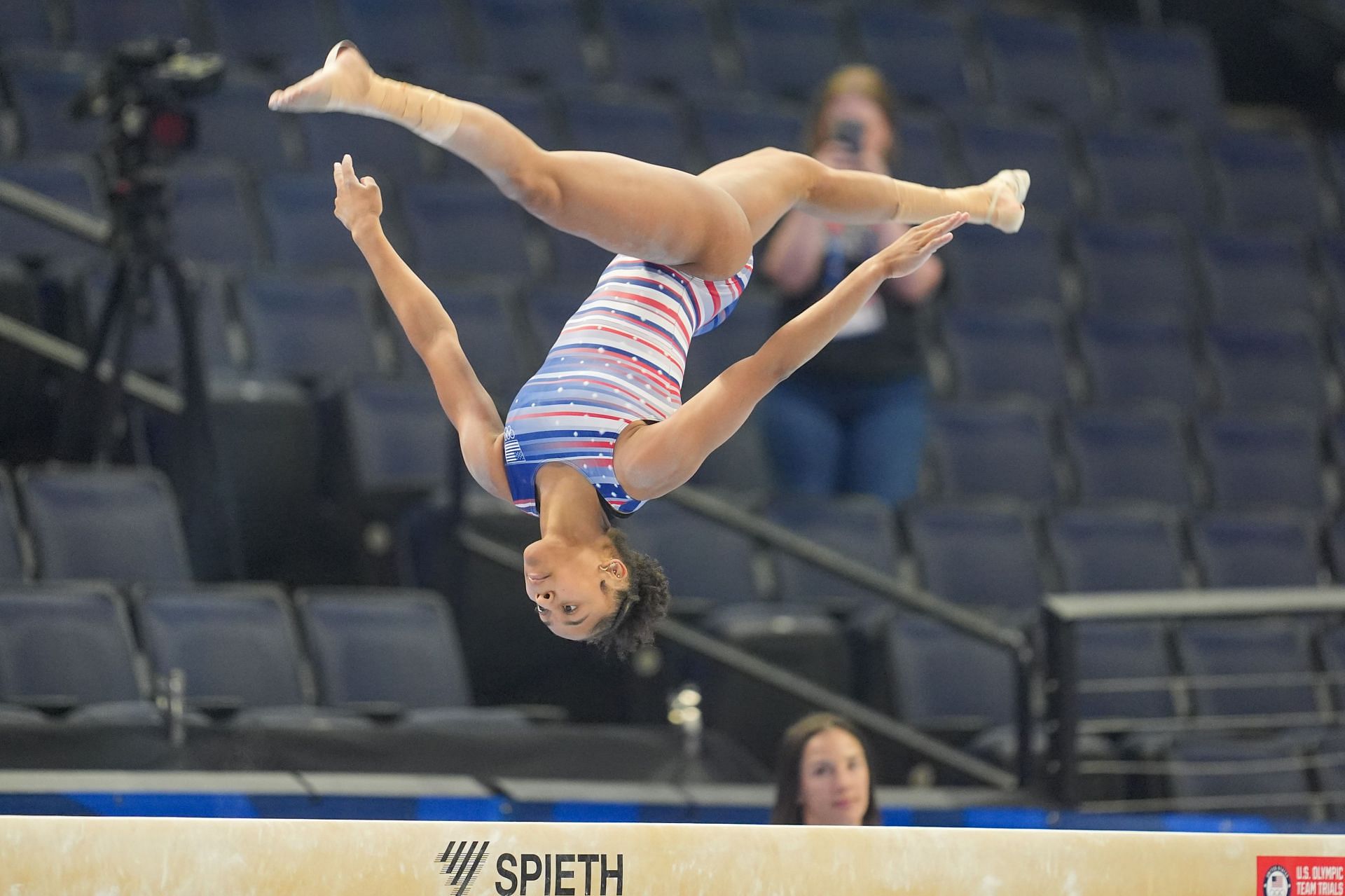 Skye Blakely practices on the balance beam in the Women&#039;s U.S. Olympic Gymnastics Team Trials podium training session at Target Center in Minneapolis, Minnesota. (Photo via Getty Images)