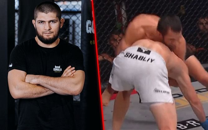 Watch: Khabib Nurmagomedov nearly chokes teammate in corner as Usman Nurmagomedov fumbles guillotine against Alexander Shabliy