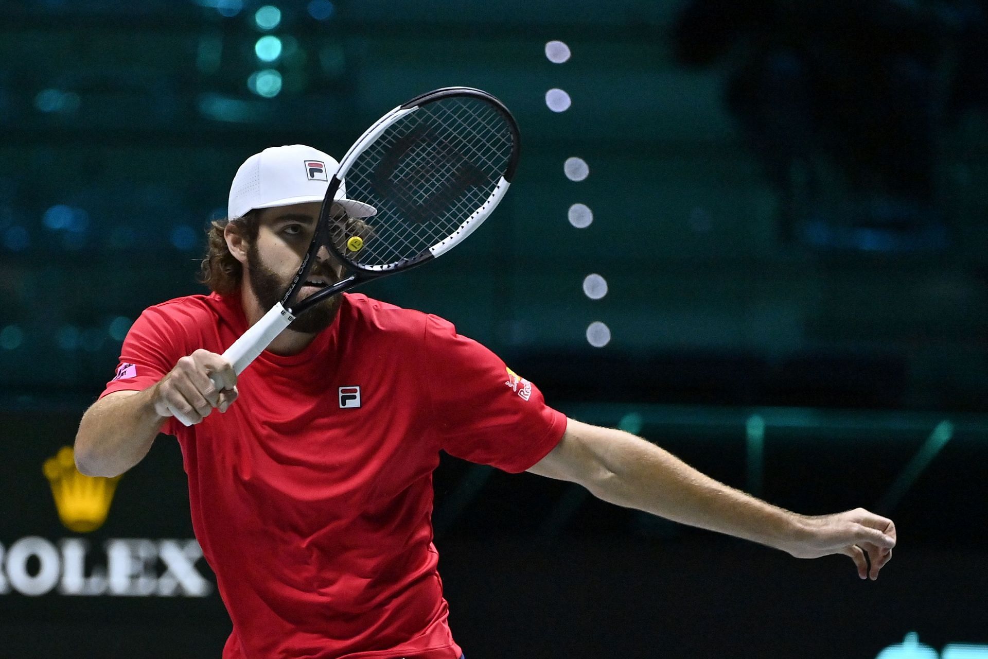 Reilly Opelka in action from the U.S. at the Davis Cup (Picture: Getty)