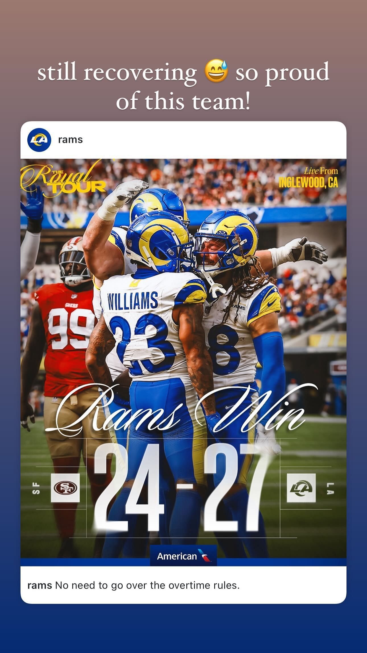 Anna Kupp reacts on IG to the Rams&#039; 27-24 defeat of the 49ers