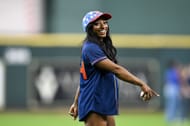 Simone Biles throws out the ceremonial first pitch prior to the MLB game between the Houston Astros and Kansas City Royals at Minute Maid Park in Houston, Texas. (Photo by Getty Images)