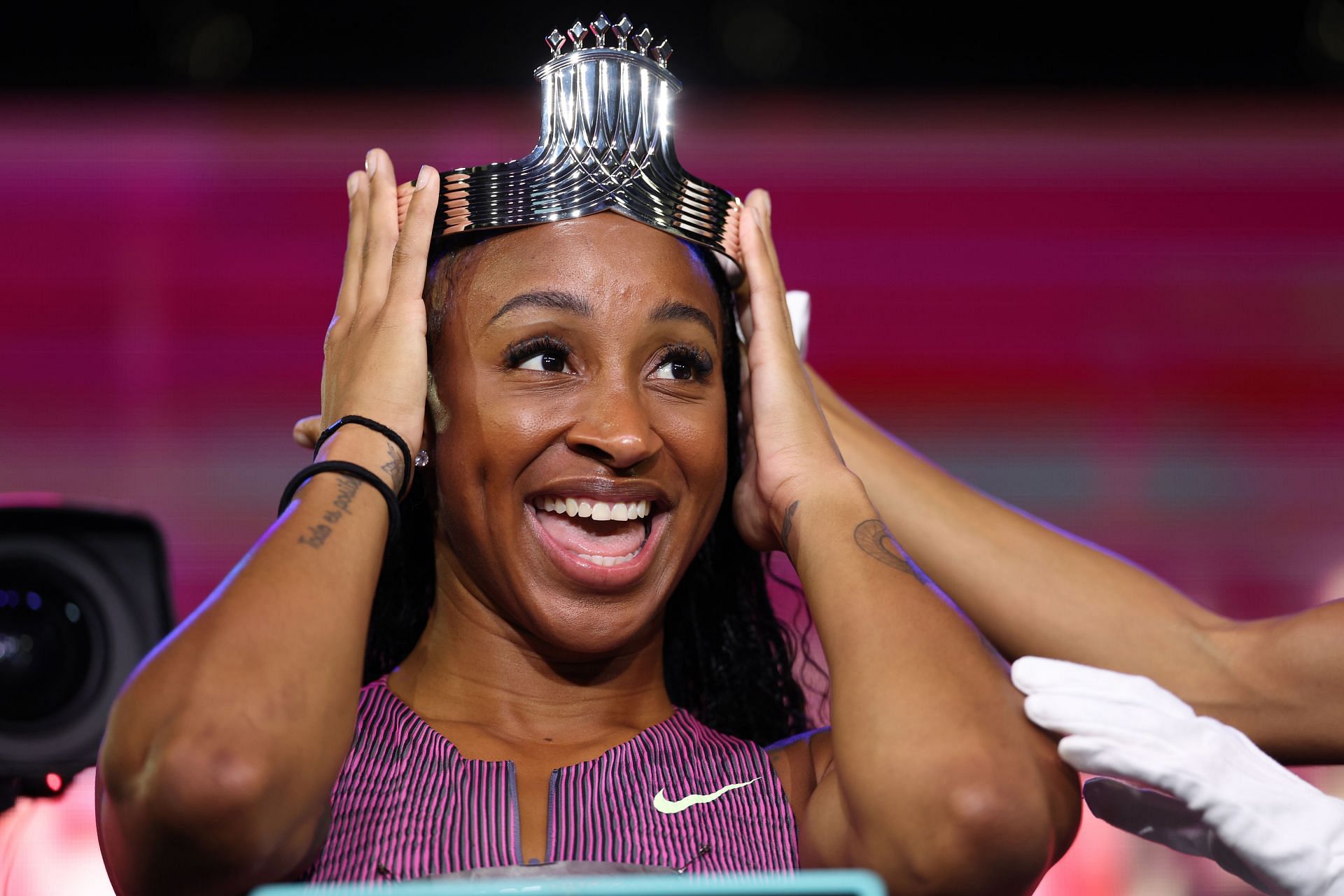 Jasmine-Camacho Quinn after winning the 100m hurdles event at Athlos NYC [Image Source: Getty]