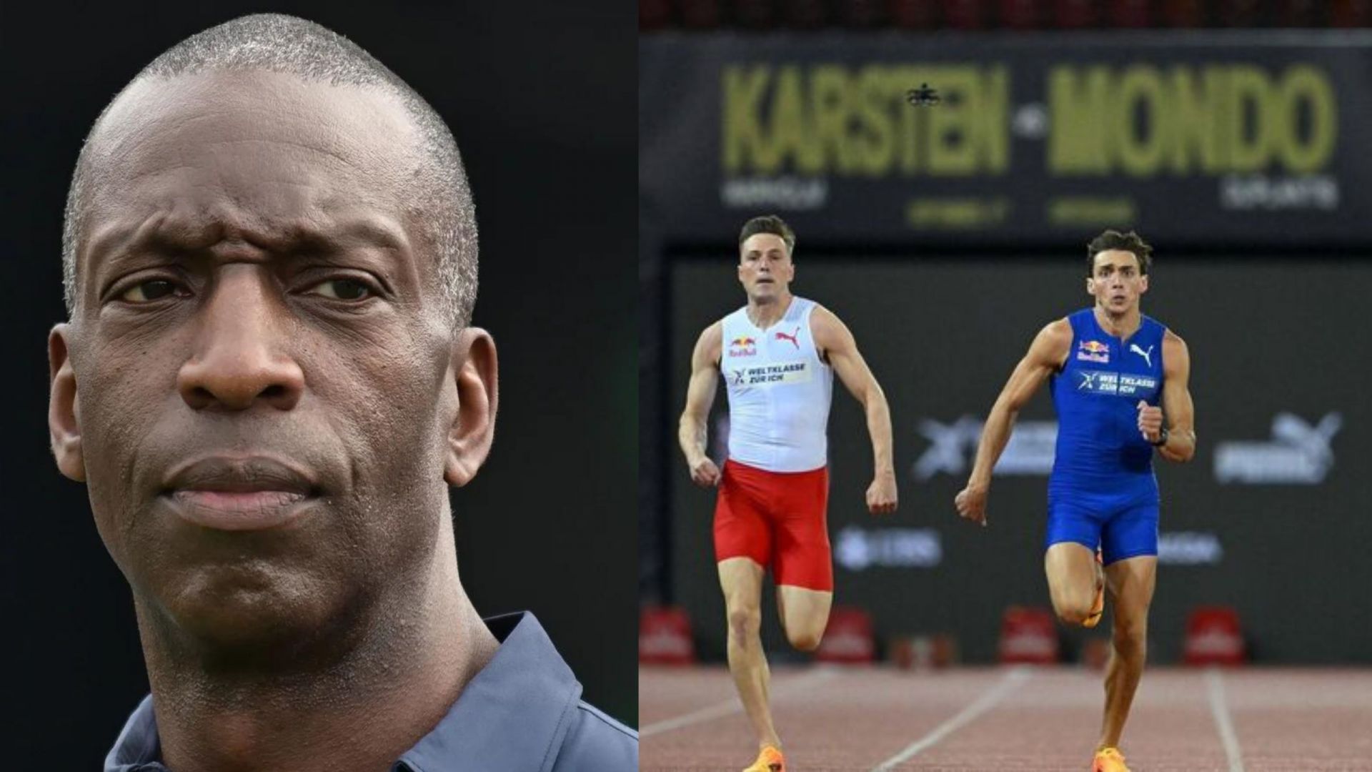 Michael Johnson congratulates Mondo Duplantis after he wins the 100m dash against Karsten Warholm [Image Source: Getty]