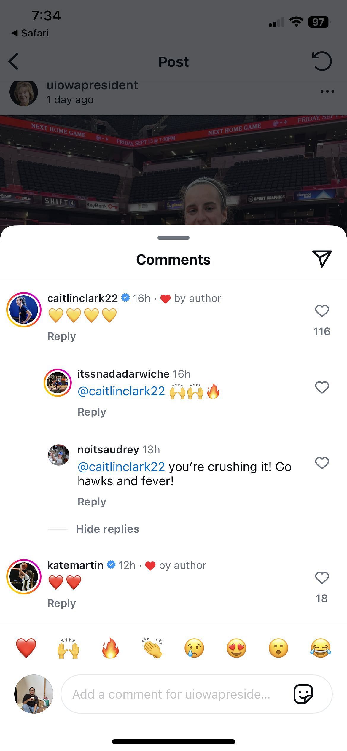 Caitlin Clark posted heart emojis on University of Iowa President Barb Wilson&#039;s Instagram post