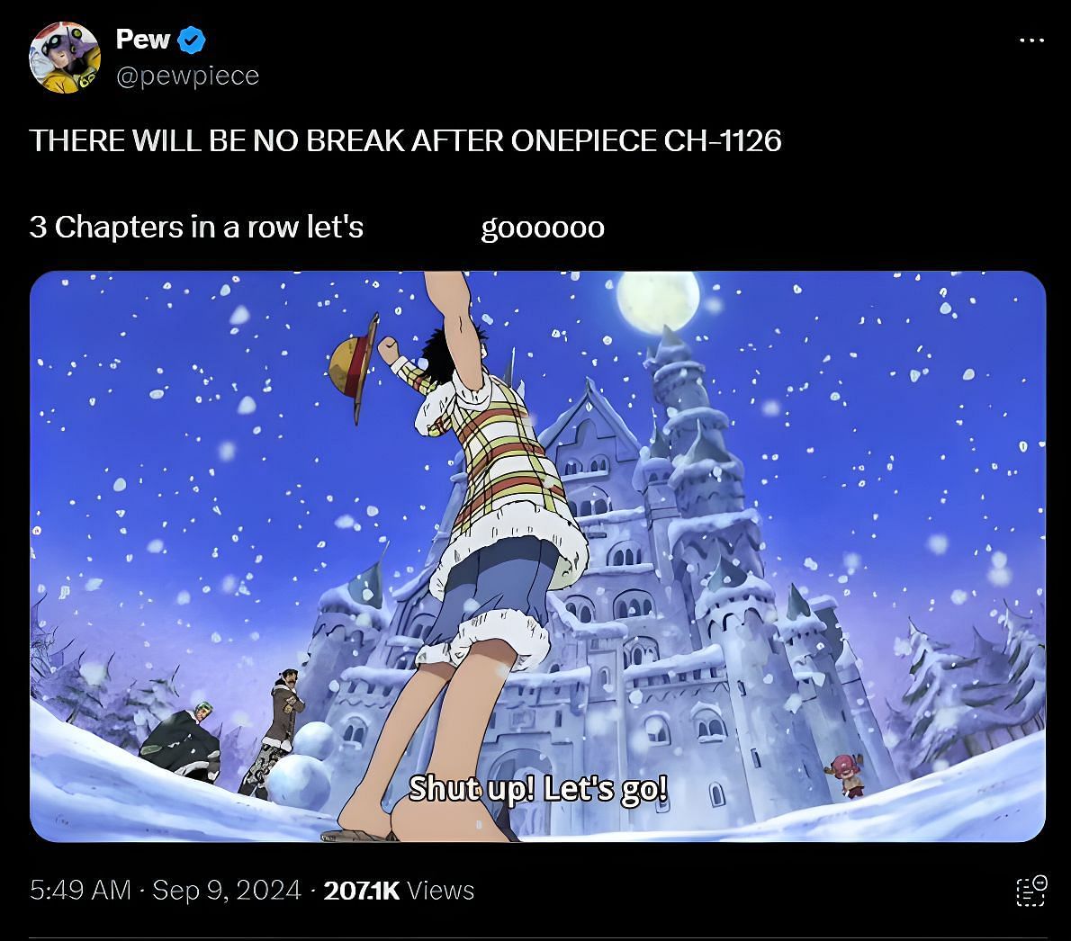 Pew&#039;s X post regarding One Piece chapter 1126 as seen on the X website (Image via X/Twitter user @pewpiece)