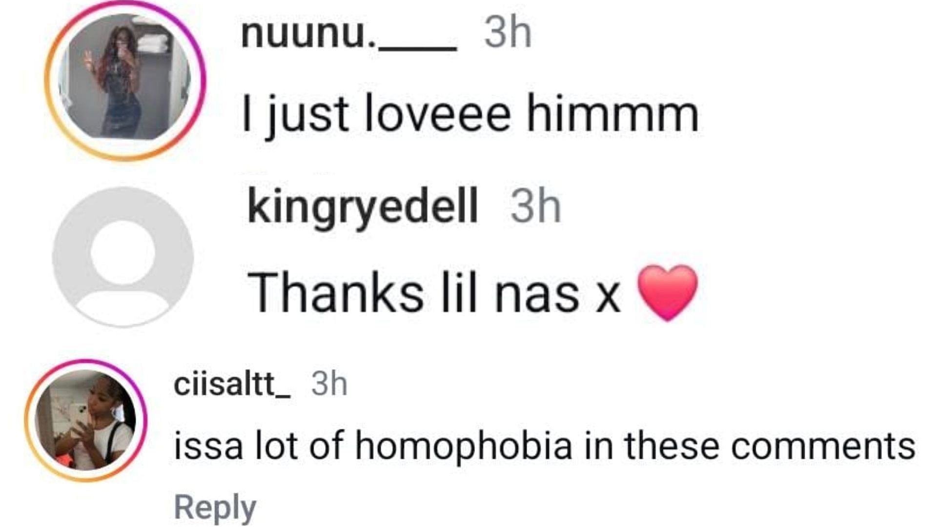 Netizens reacted to Lil Nas X&#039;s video (Image via Instagram / @nuunu._ / @kingryedell / @ciisaltt_)