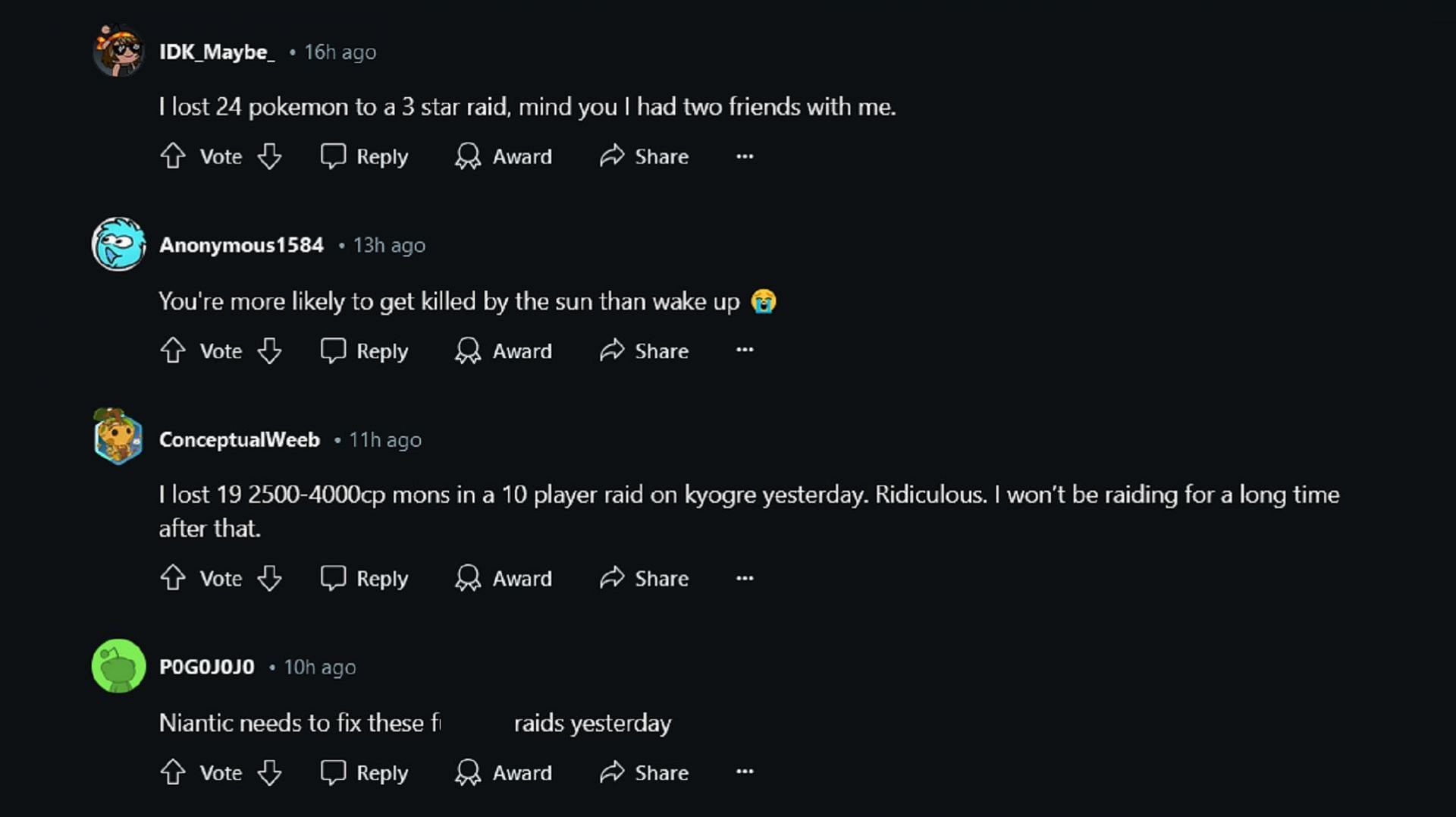 The updated raid energy generation was a common complaint among trainers in the comments (Image via Reddit)