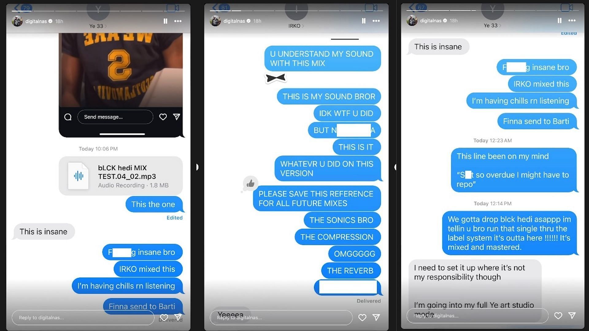 Multiple screenshots of Digital Nas and Kanye West&#039;s conversation taken from Story Posts uploaded to Instagram on September 25, 2024 (Image via Instagram/@digitalnas)