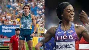 Sha'Carri Richardson reacts as Mondo Duplantis emulates her famous "look over" at the finish line in 100m clash against Karsten Warholm