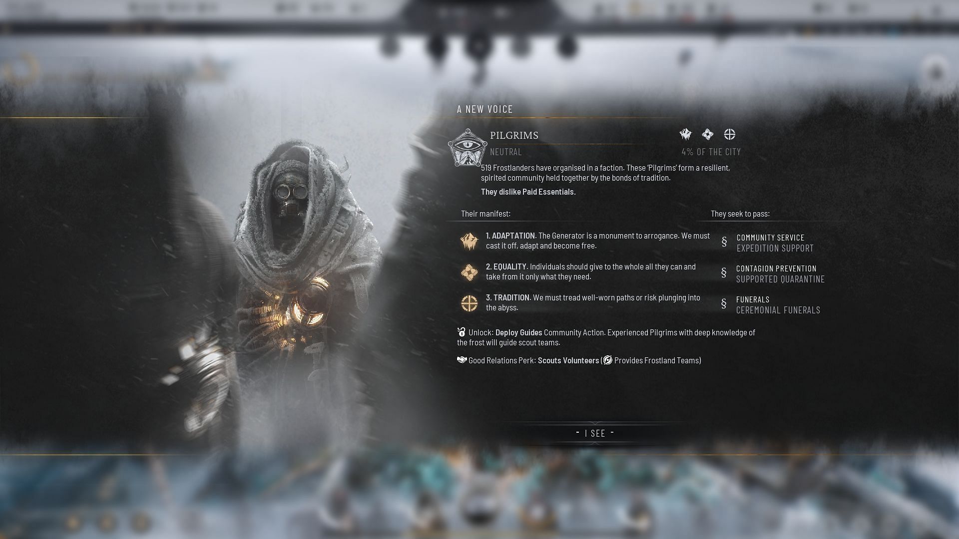 Check the needs of each Faction and try to meet some of them to Deradicalize Factions in Frostpunk 2 (Image via 11 Bit Studios)