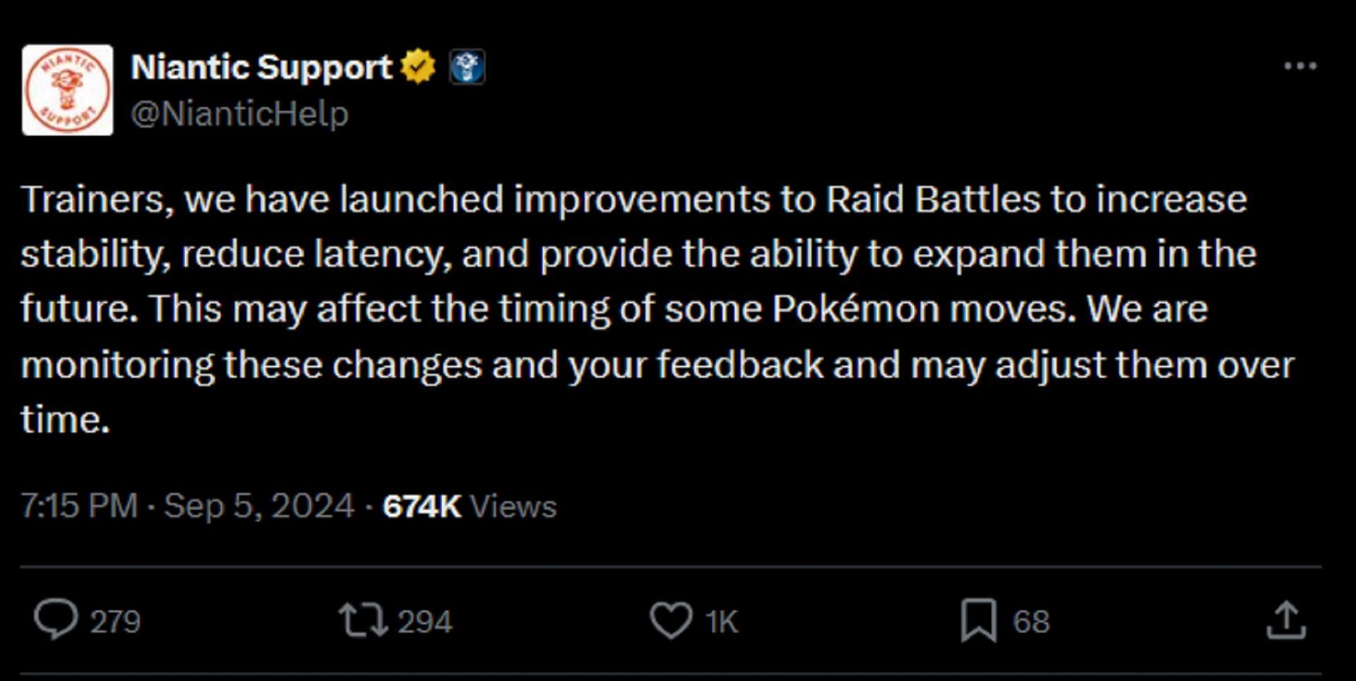 Niantic's purported reasoning for Pokemon GO's raid boss energy changes (Image via @NianticHelp/X)