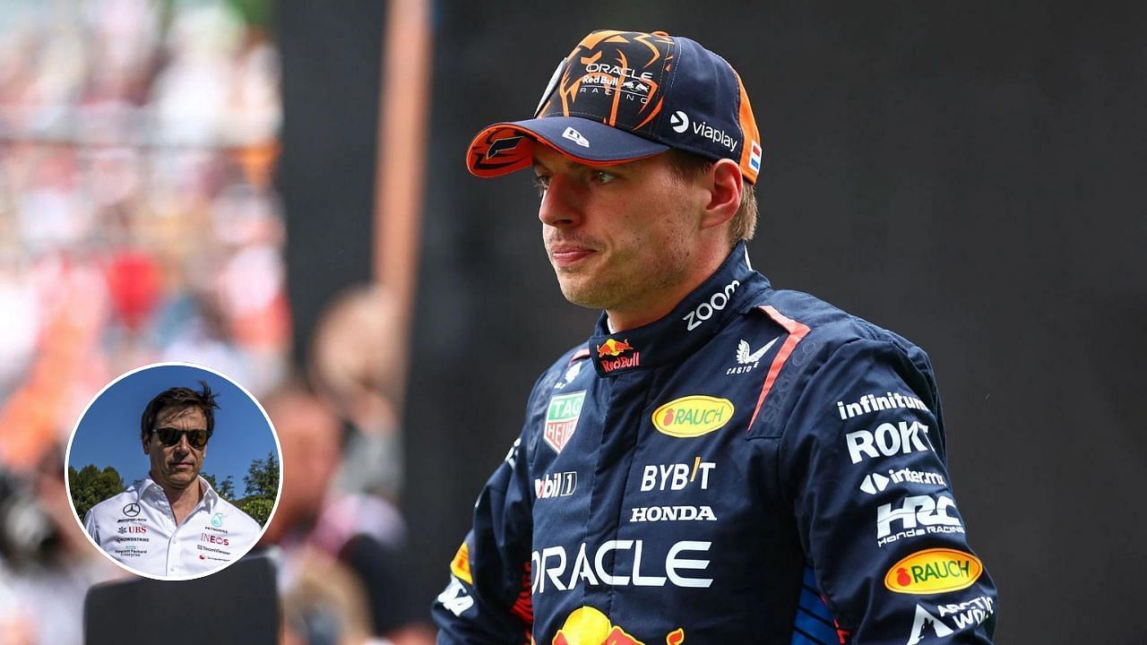 Max Verstappen (foreground), Toto Wolff (circle). Credit: Getty Images.