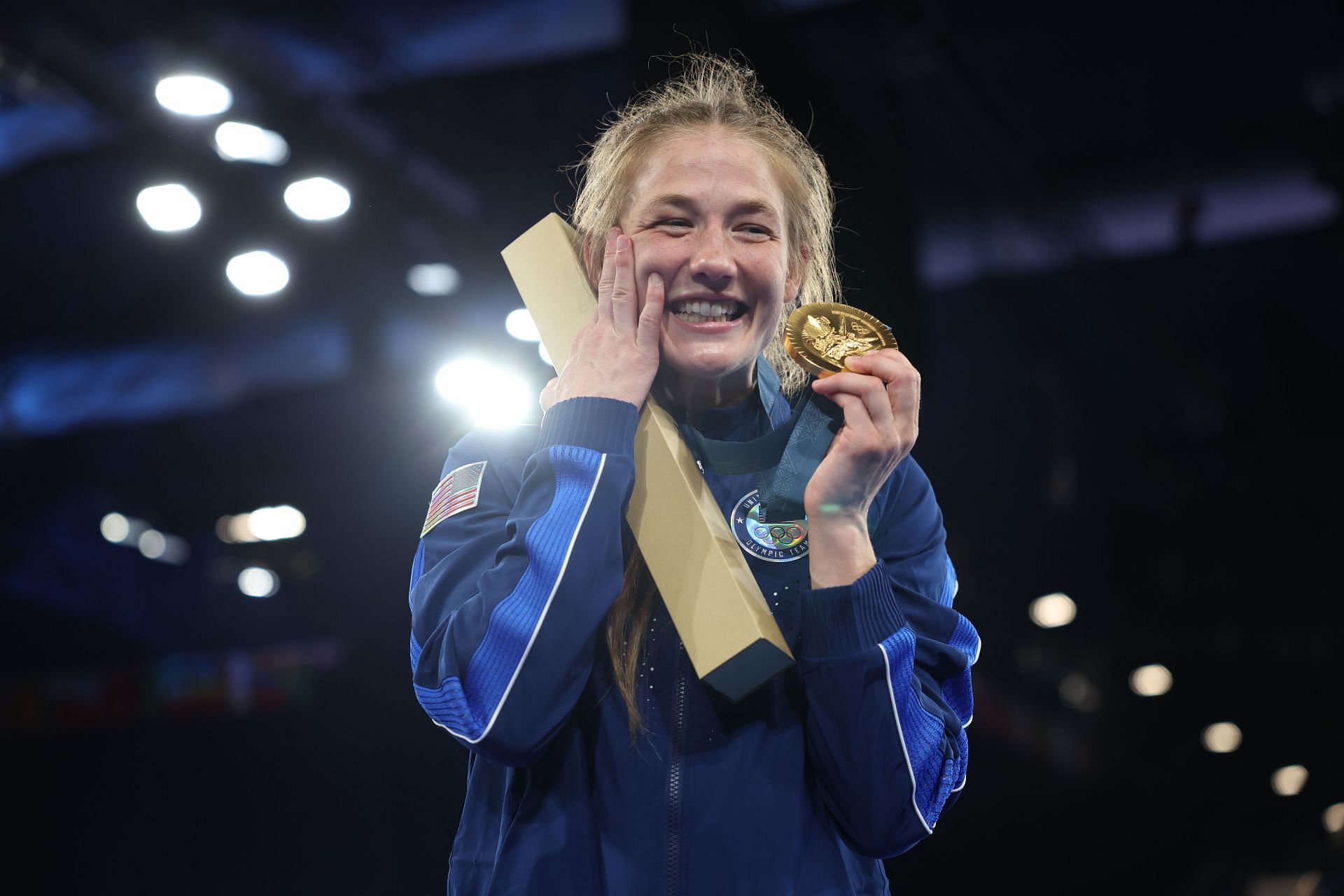 Sarah Hildebrandt, victorious on the podium during the medal ceremony at the 2024 Olympic Games in Paris, France. (Photo via Getty Images)